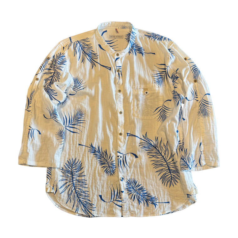 Band collar bracelet sleeve shirt / Palm leaf print Double gauze