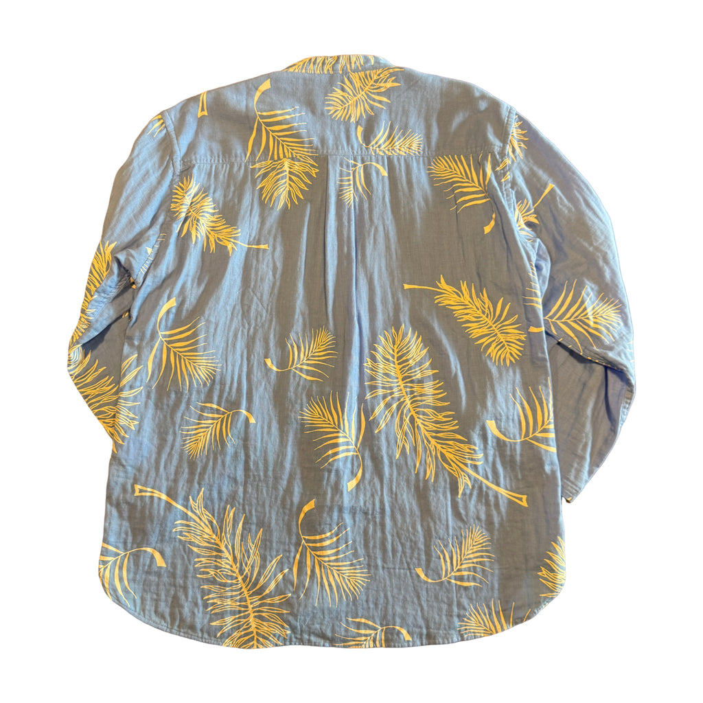 Band collar bracelet sleeve shirt / Palm leaf print Double gauze